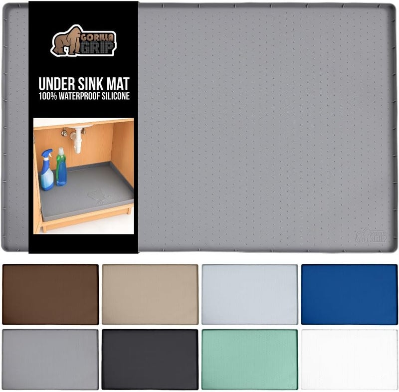 Gorilla Grip Waterproof Silicone Under Sink Mat with Raised Lip for Kitchen and Bathroom, Cabinet Shelf Liner Stay in Place Mats Dishwasher Safe Drawer Liner, Organizer Tray, 15 x 22 in, Gray - Image 1